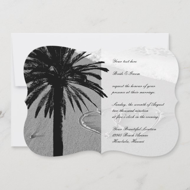 Hearts in sand tropical beach wedding invitations (Front)