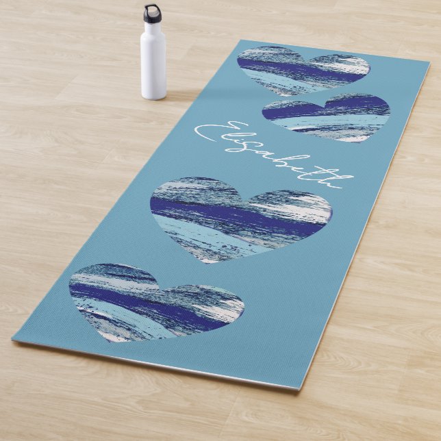 Hearts in shades of ocean blues and your name yoga mat (In Situ)