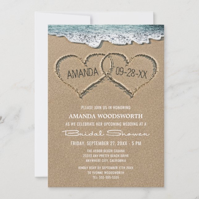 Hearts in the Sand Beach Bridal Shower Invitations (Front)