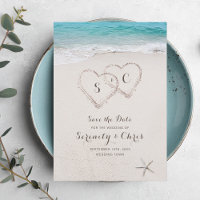 Hearts in the sand beach save the date