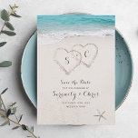 Hearts in the sand beach save the date<br><div class="desc">Features two hearts in the sand and the bride's and groom's initials with turquoise water and white sand beach background,   great save the date cards for summer beach wedding,  or tropical destination wedding.</div>