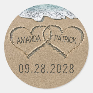 Hearts in the Sand Beach Shore Wedding Favour Classic Round Sticker