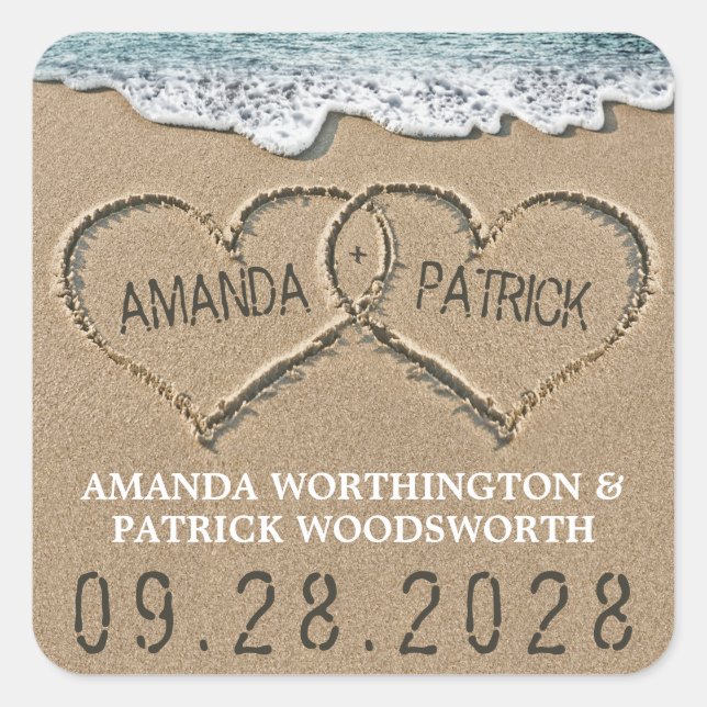 Hearts in the Sand Beach Shore Wedding Favour Square Sticker (Front)