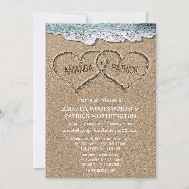 Hearts in the Sand Beach Shore Wedding Invitations (Front)