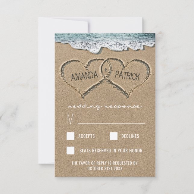 Hearts in the Sand Beach Shore Wedding RSVP Cards (Front)