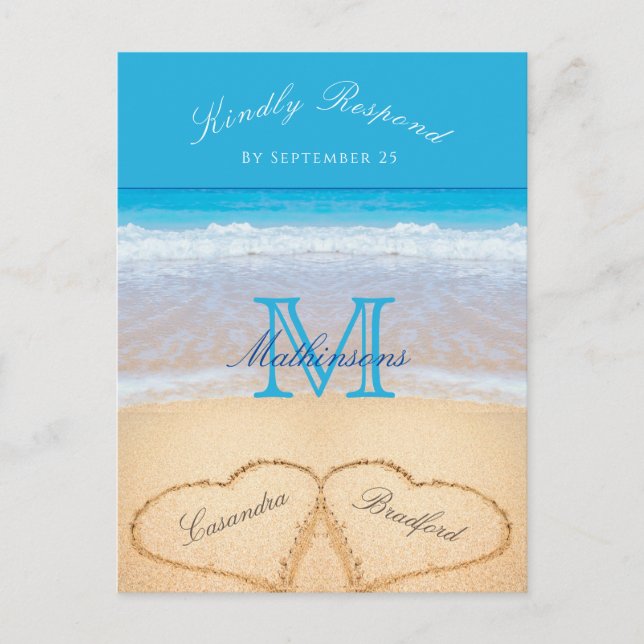 Hearts in the sand Beach Wedding Blue RSVP Postcard (Front)
