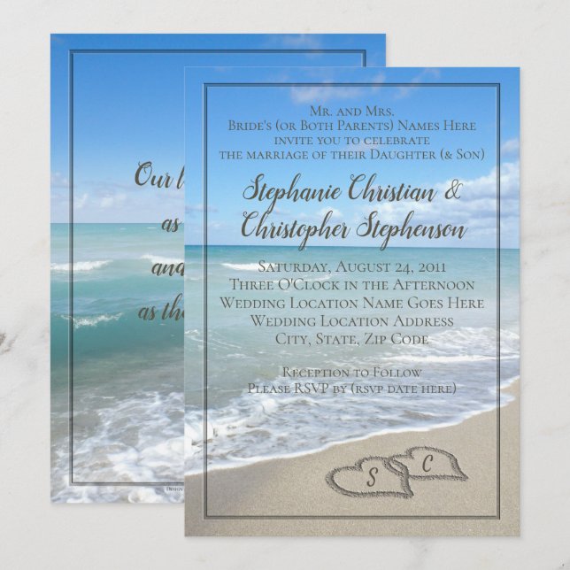 Hearts in the Sand Beach Wedding Custom Monogram Invitation (Front/Back)