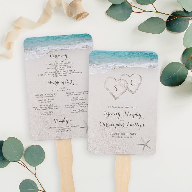Hearts in the sand beach wedding program hand fan (Hearts in the sand beach wedding program hand fan)