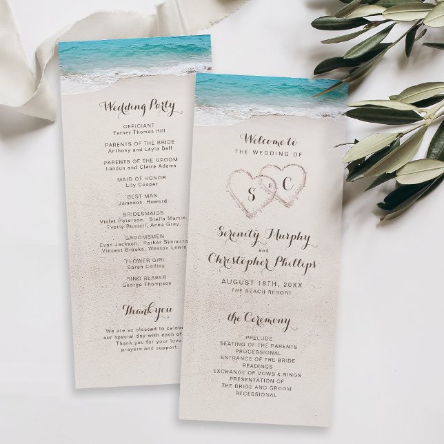 Hearts in the sand beach wedding program programme (Creator Uploaded)