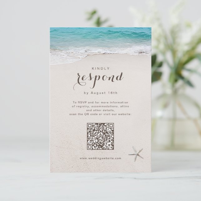 Hearts in the sand beach wedding QR code  RSVP Card (Standing Front)