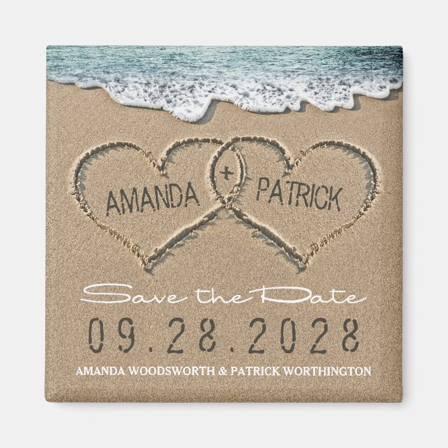 Hearts in the Sand Beach Wedding Save the Date Magnet (Front)