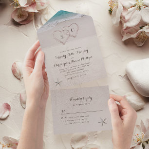 Hearts in the sand destination beach wedding all in one invitation