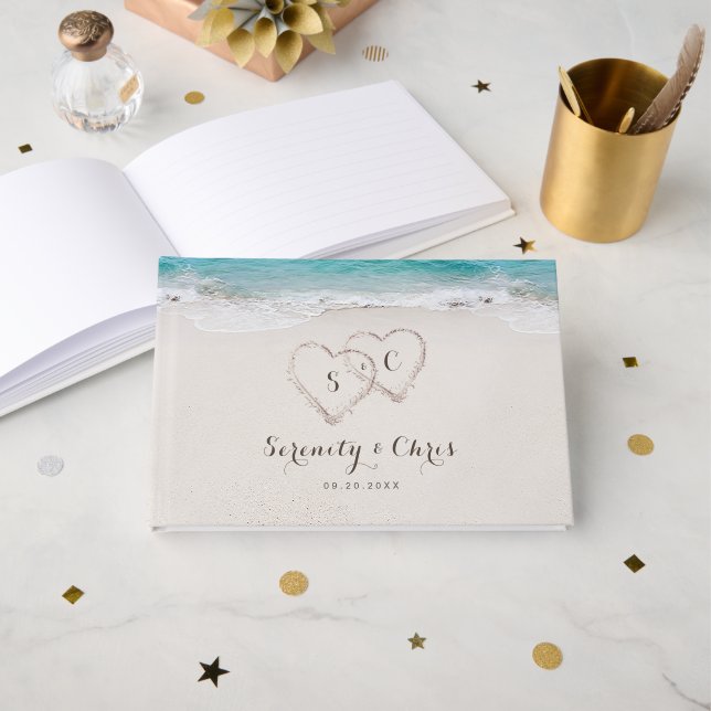 Hearts in the sand destination beach wedding guest book (Front Open)