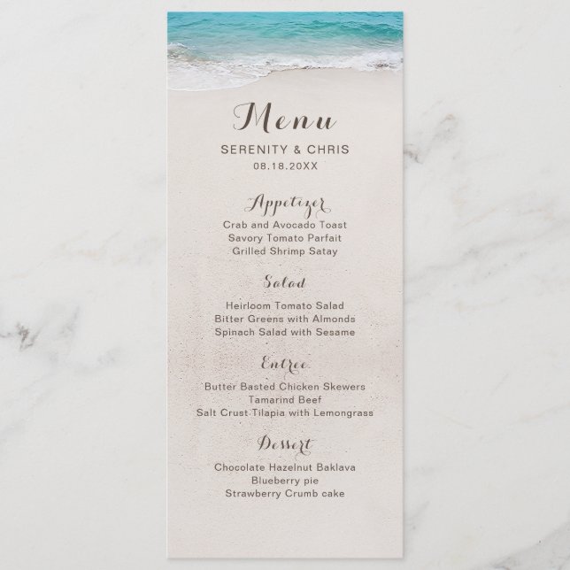 Hearts in the sand destination beach wedding menu (Front)