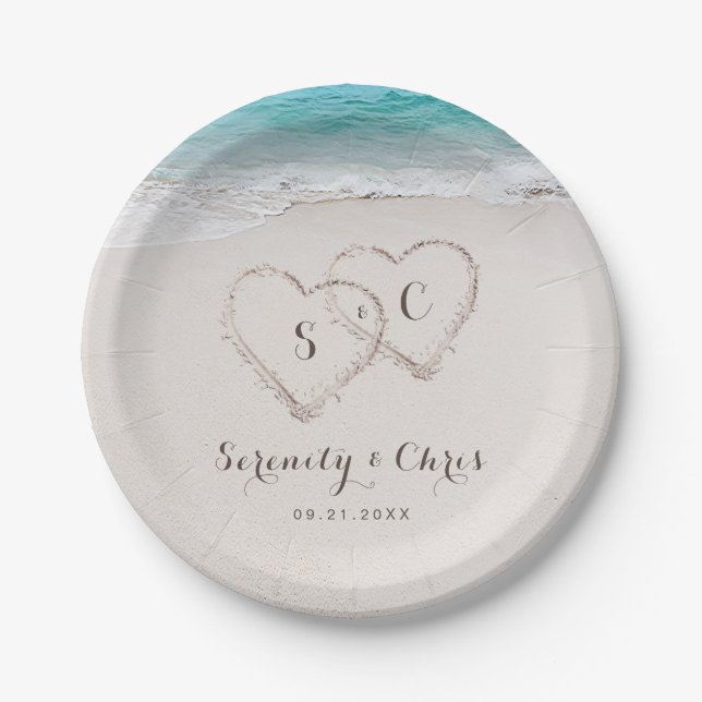 Hearts in the sand destination beach wedding paper plate (Front)