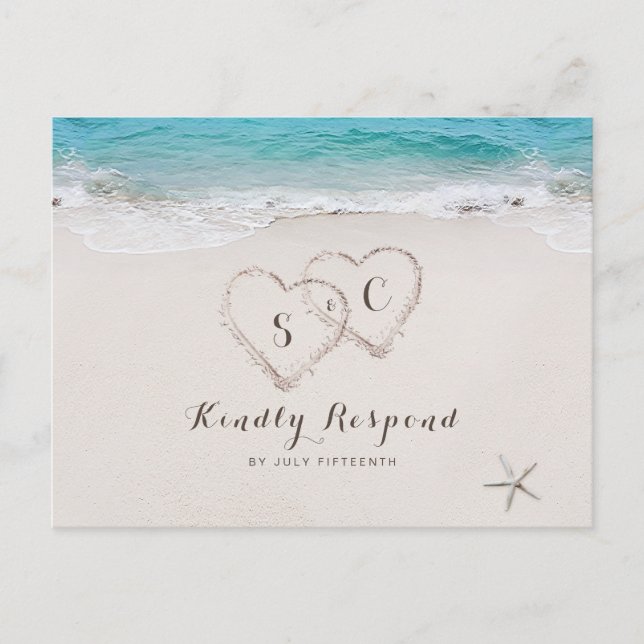Hearts in the sand destination beach wedding RSVP Invitation Postcard (Front)