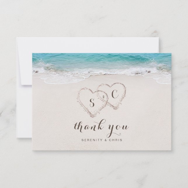 Hearts in the sand destination beach wedding thank you card (Front)