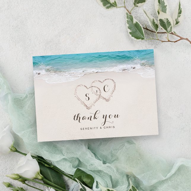 Hearts in the sand destination beach wedding thank you card (Hearts in the sand destination beach wedding thank you card)