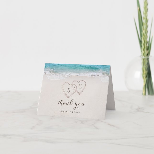 Hearts in the sand destination beach wedding thank you card (Front)
