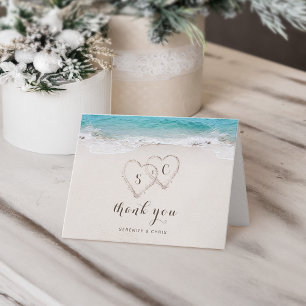 Hearts in the sand destination wedding thank you card