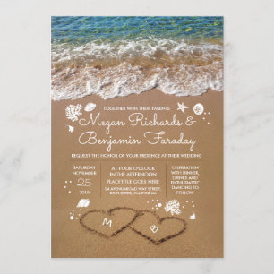 Hearts in the Sand Summer Beach Wedding Invitation