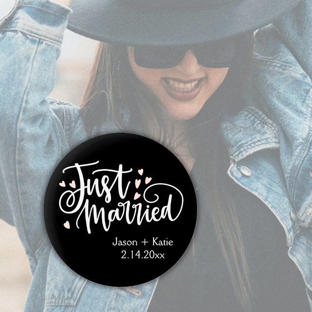 HEARTS Just Married Script Names Wedding Date 6 Cm Round Badge (Just Married Personalized Button)