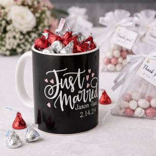 HEARTS Just Married Script Names Wedding Date Coffee Mug