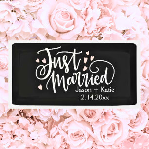 HEARTS Just Married Script Names Wedding Day Banner