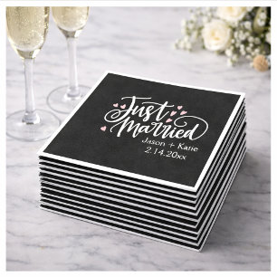 HEARTS Just Married Script Names Wedding Day Napkin