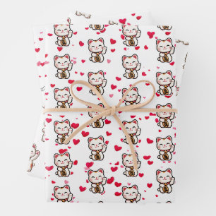 Hearts, Kawaii Lucky Cat, Maneki Neko, Good Luck Wrapping Paper Sheet