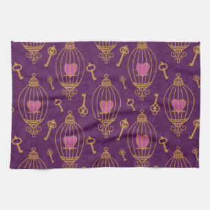Hearts-keys-pattern Tea Towel