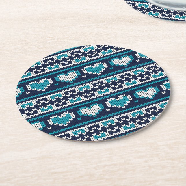 Hearts knitting seamless pattern 2 + your ideas round paper coaster (Angled)