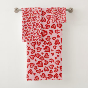 Hearts Leopard Pattern in Red on Blush Bath Towel Set