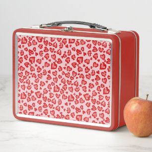 Hearts Leopard Pattern in Red on Blush Metal Lunch Box