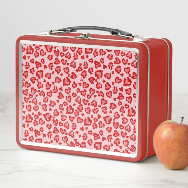Hearts Leopard Pattern in Red on Blush Metal Lunch Box (In Situ)