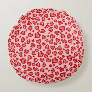 Hearts Leopard Pattern in Red on Blush Round Cushion