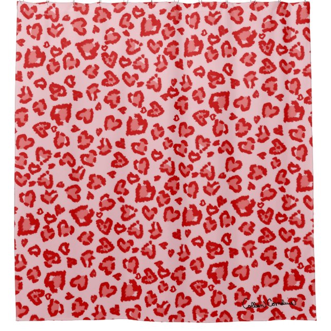 Hearts Leopard Pattern in Red on Blush Shower Curtain (Front)