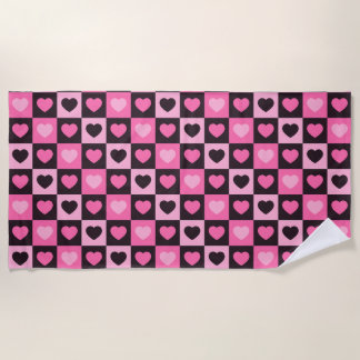 Hearts light pink hot pink dark burgundy Chequered Beach Towel