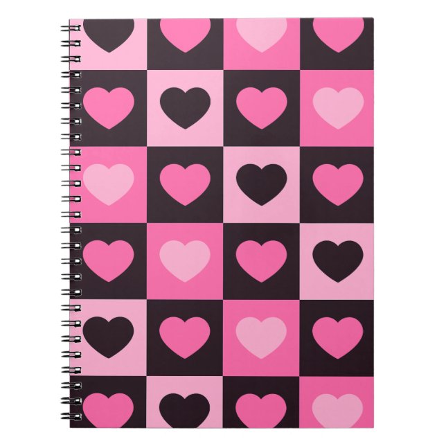 Hearts light pink hot pink dark burgundy Chequered Notebook (Front)