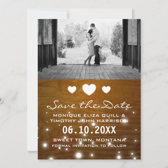 Hearts & Lights Rustic Wedding Save the Date Cards (Front)