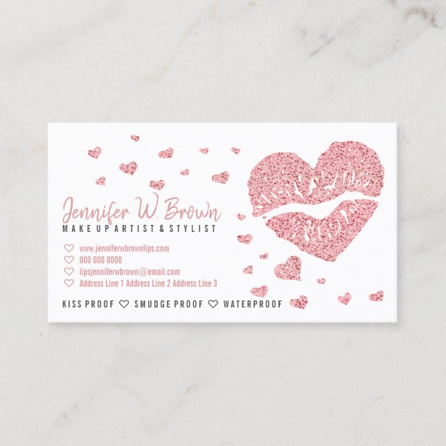 Hearts Lips Rose Gold Glitter Glossy Lipstick Business Card (Front)