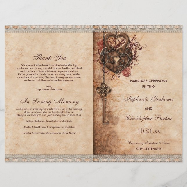 Hearts Lock and Key Wedding Ceremony Program (Front)