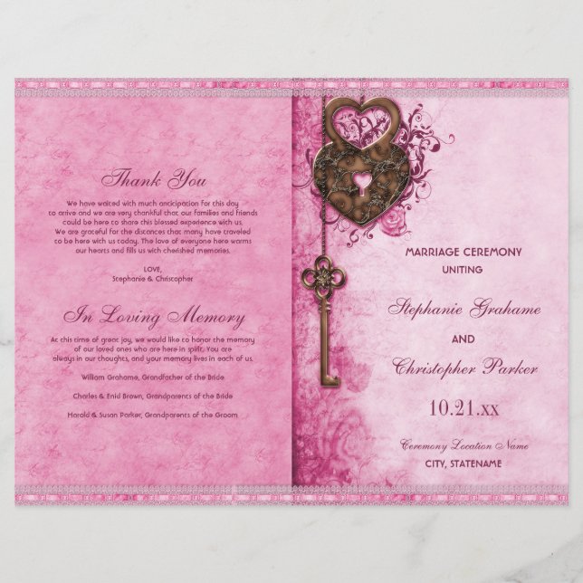 Hearts Lock Key Pink Wedding Ceremony Program (Front)