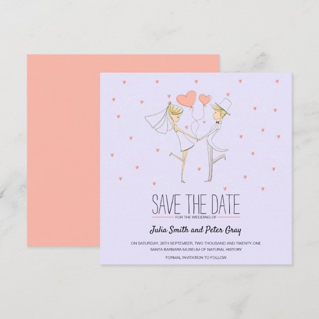 Hearts Love Bride and Groom Cartoon Save The Date Invitation (Front/Back)