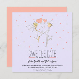 Hearts Love Bride and Groom Cartoon Save The Date Invitation