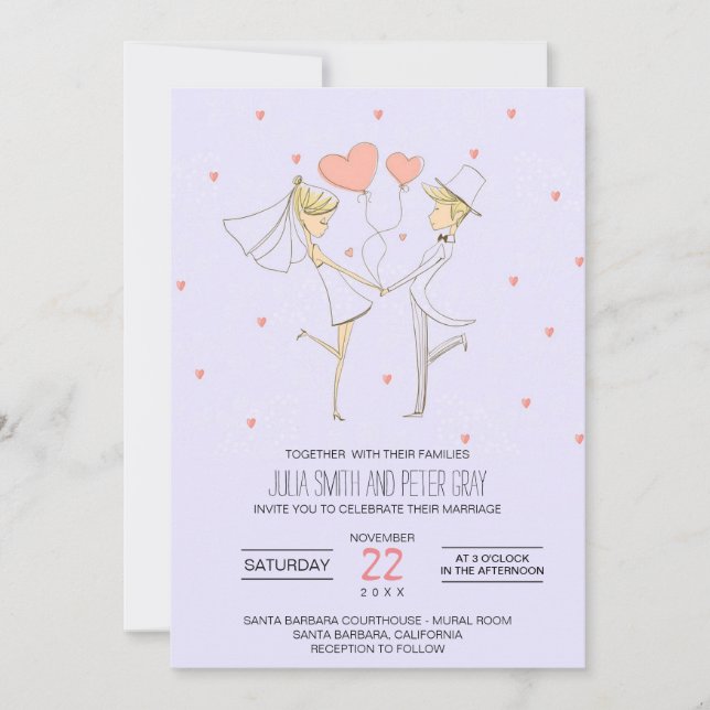 Hearts Love Bride and Groom Cartoon Wedding Invitation (Front)
