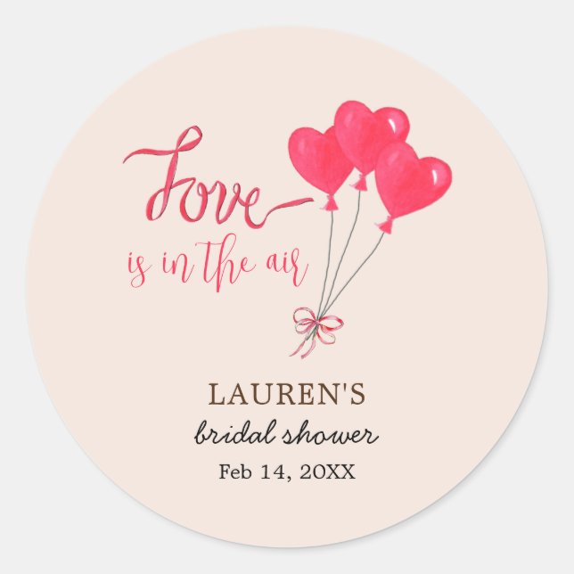 Hearts Love is in the Air  Pink Bridal Shower Classic Round Sticker (Front)