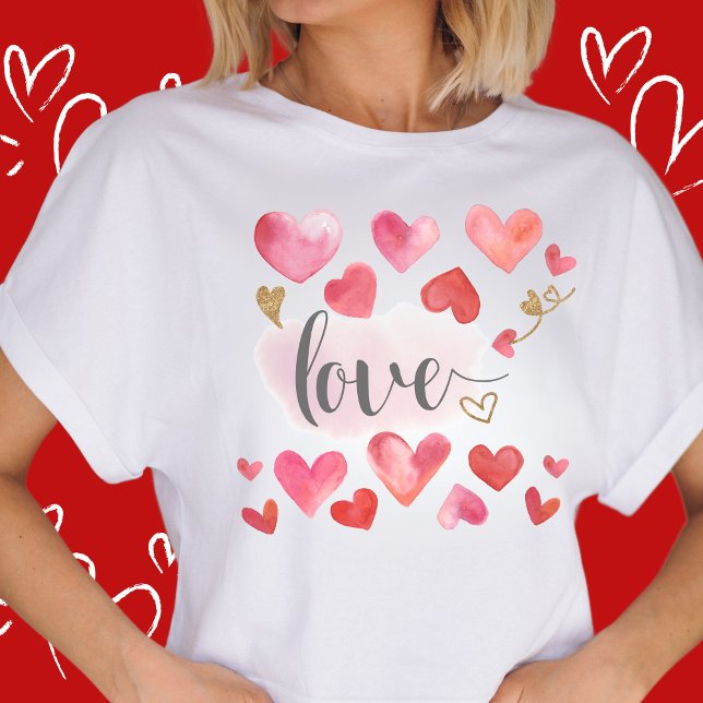 Hearts Love Modern Watercolor Pink Valentine's Day T-Shirt (Creator Uploaded)