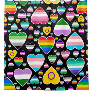 hearts love rainbow colourful pride flags lgbtq shower curtain
