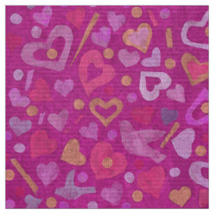 Hearts Love Valentines Day Collage Pattern Fuchsia Fabric